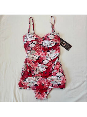 NWT New Shore shapes 1 Piece Swimsuit Swim Dress Red Floral Retro Women’s 10